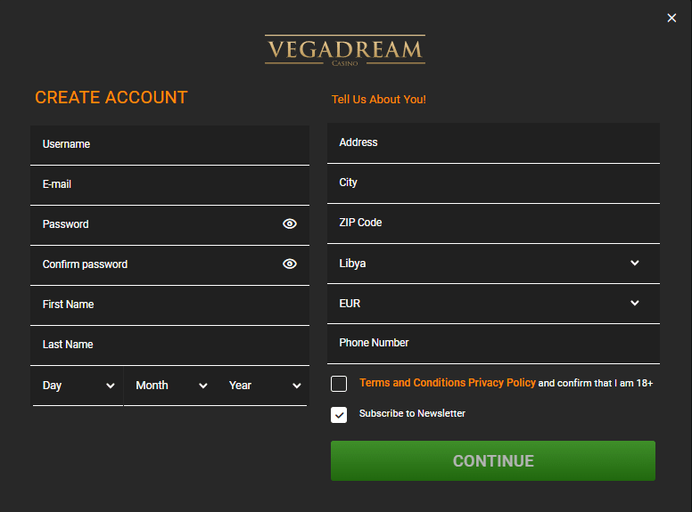 Vegadream Casino Registrierung